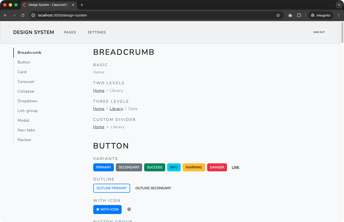 Screenshot of the Capuzzella design system page showing a sidebar with component names and rendered breadcrumb and button components
