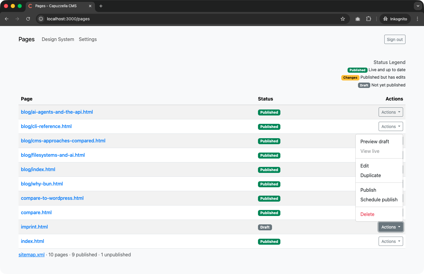 Screenshot of the Pages table showing the Actions dropdown with options: Preview draft, View live, Edit, Duplicate, Publish, Schedule publish, and Delete