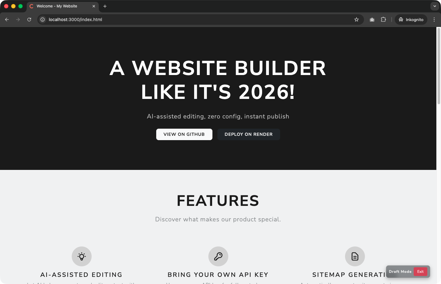 Screenshot showing the floating Draft Mode indicator with an Exit button in the lower-right corner of the page