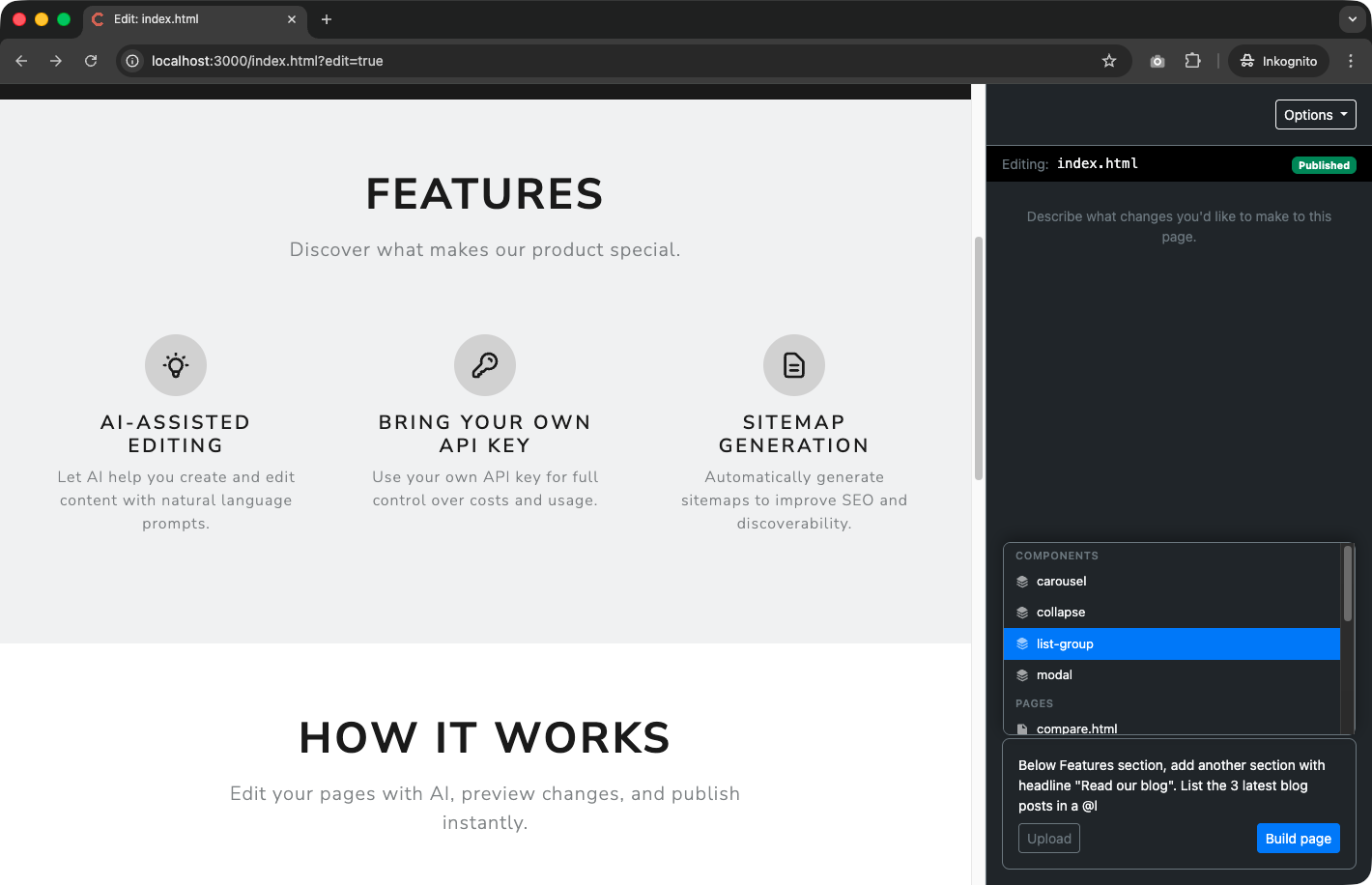 Context menu showing available components like carousel, collapse, list-group, and modal, along with pages below