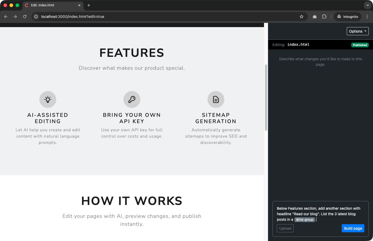 The selected @list-group component appears as a badge in the chat input