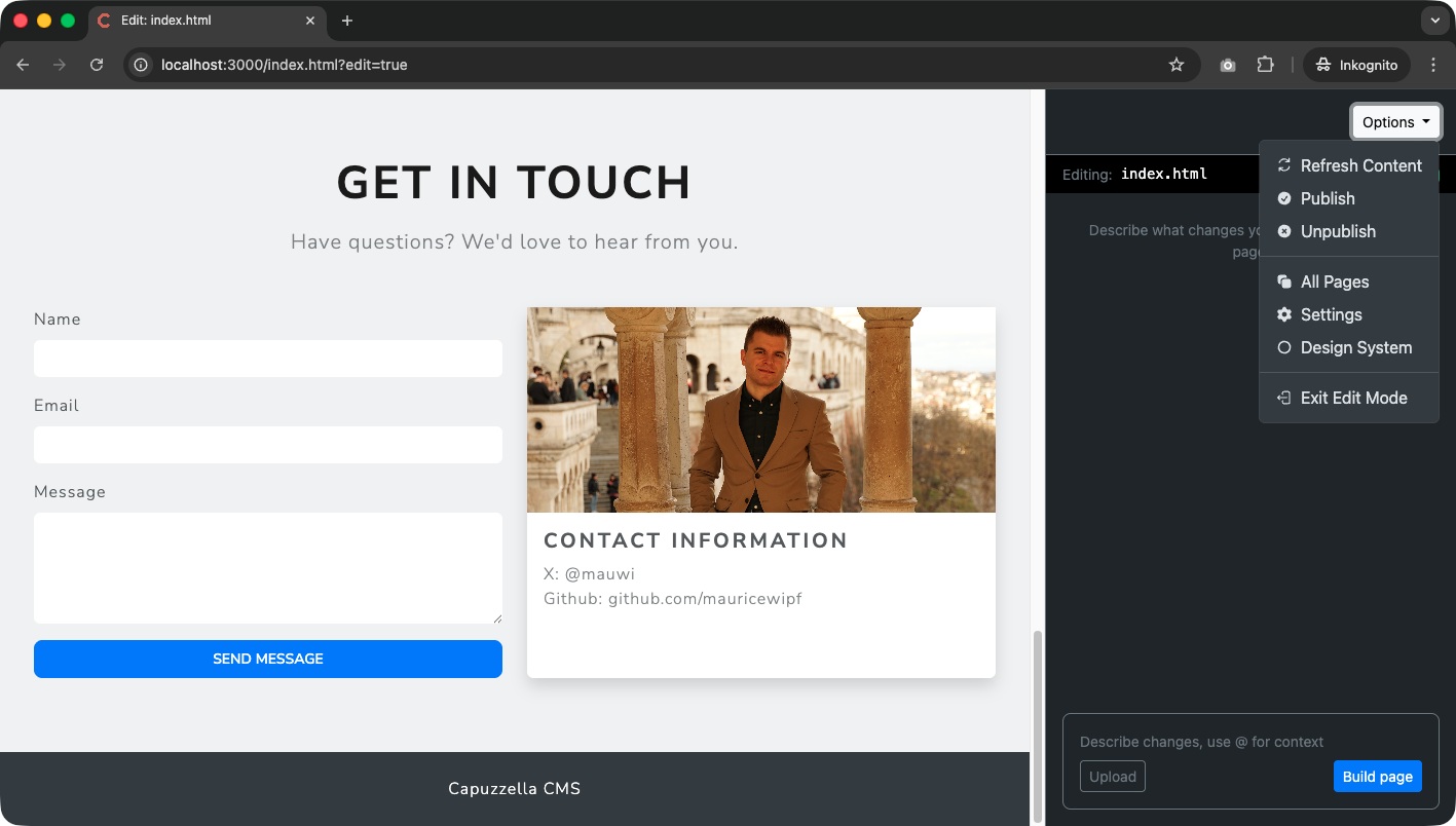 Options dropdown showing Refresh Content, Publish, Unpublish, All Pages, Settings, Design System, and Exit Edit Mode
