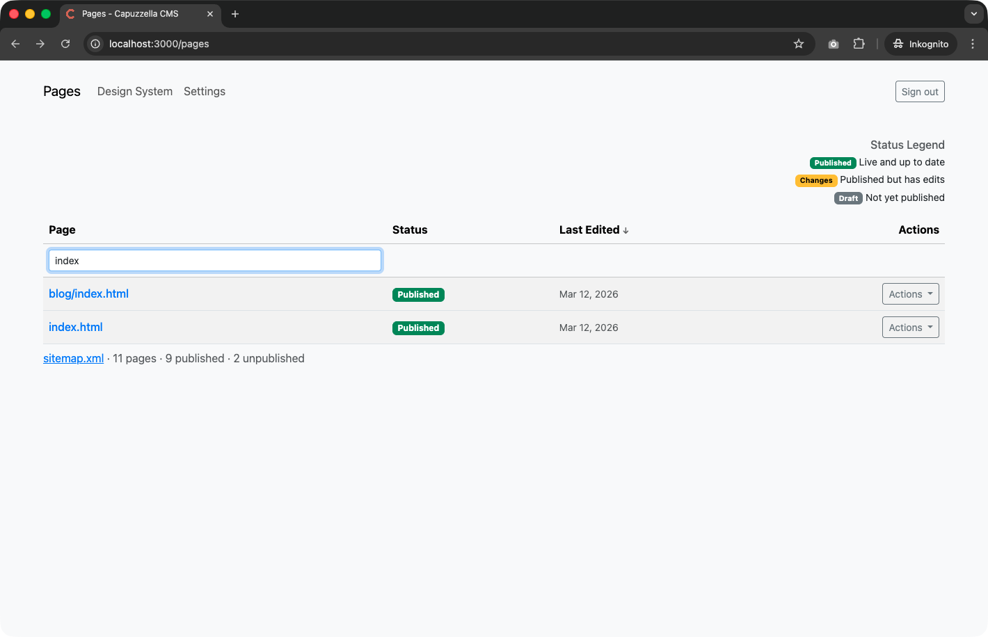 Screenshot of the Pages table filtered by the term 'index', showing two matching results with a Last Edited column sorted descending