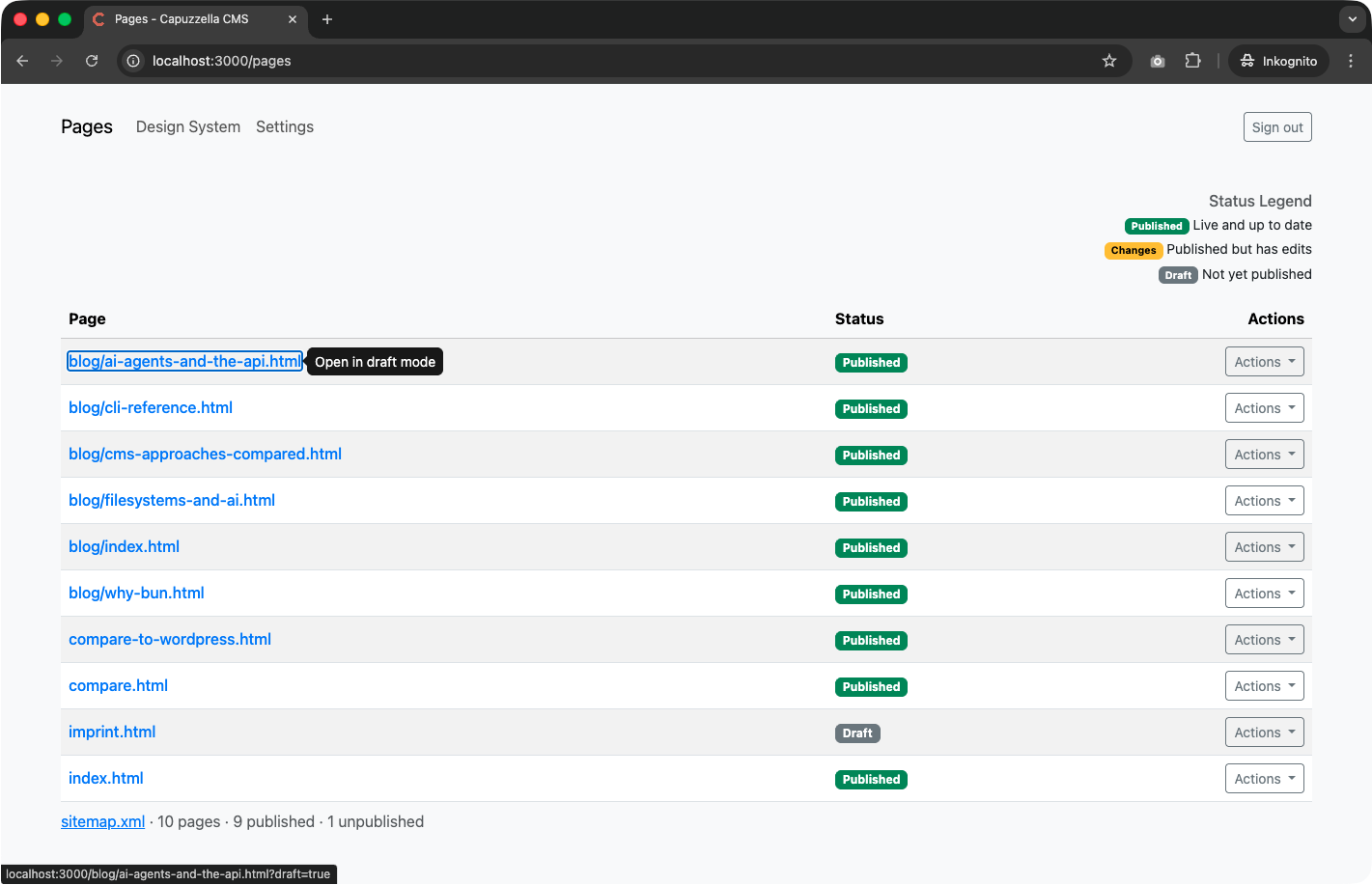 Screenshot showing a tooltip 'Open in draft mode' appearing when hovering over a page link in the Pages table