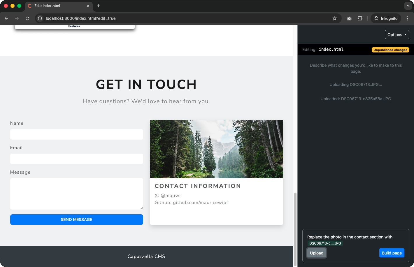 Screenshot of the Editor Panel showing an uploaded image file being used in an AI editing instruction to replace a photo on the page