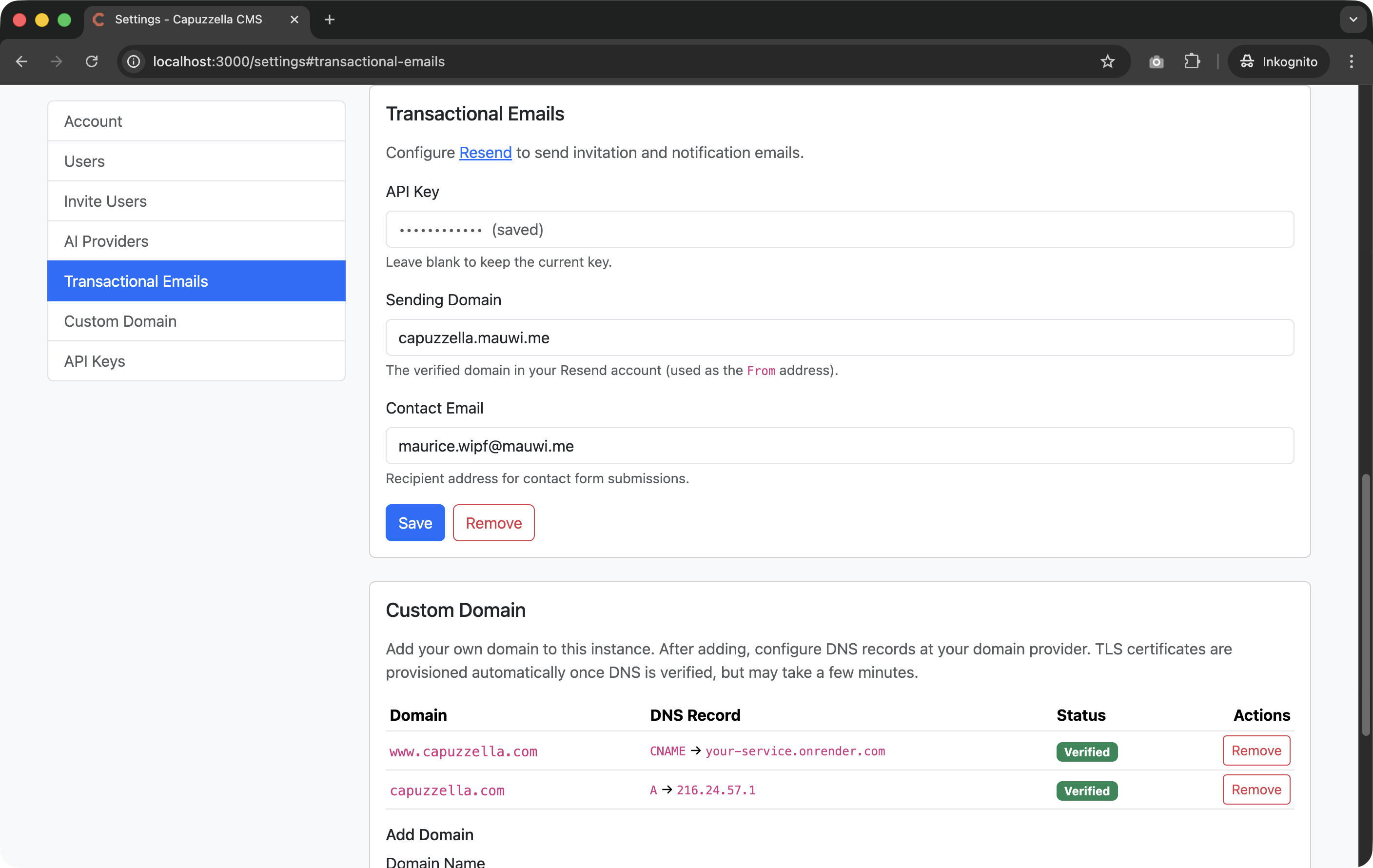 Screenshot of the Capuzzella Settings page showing the Transactional Emails section with Resend API key and sender configuration