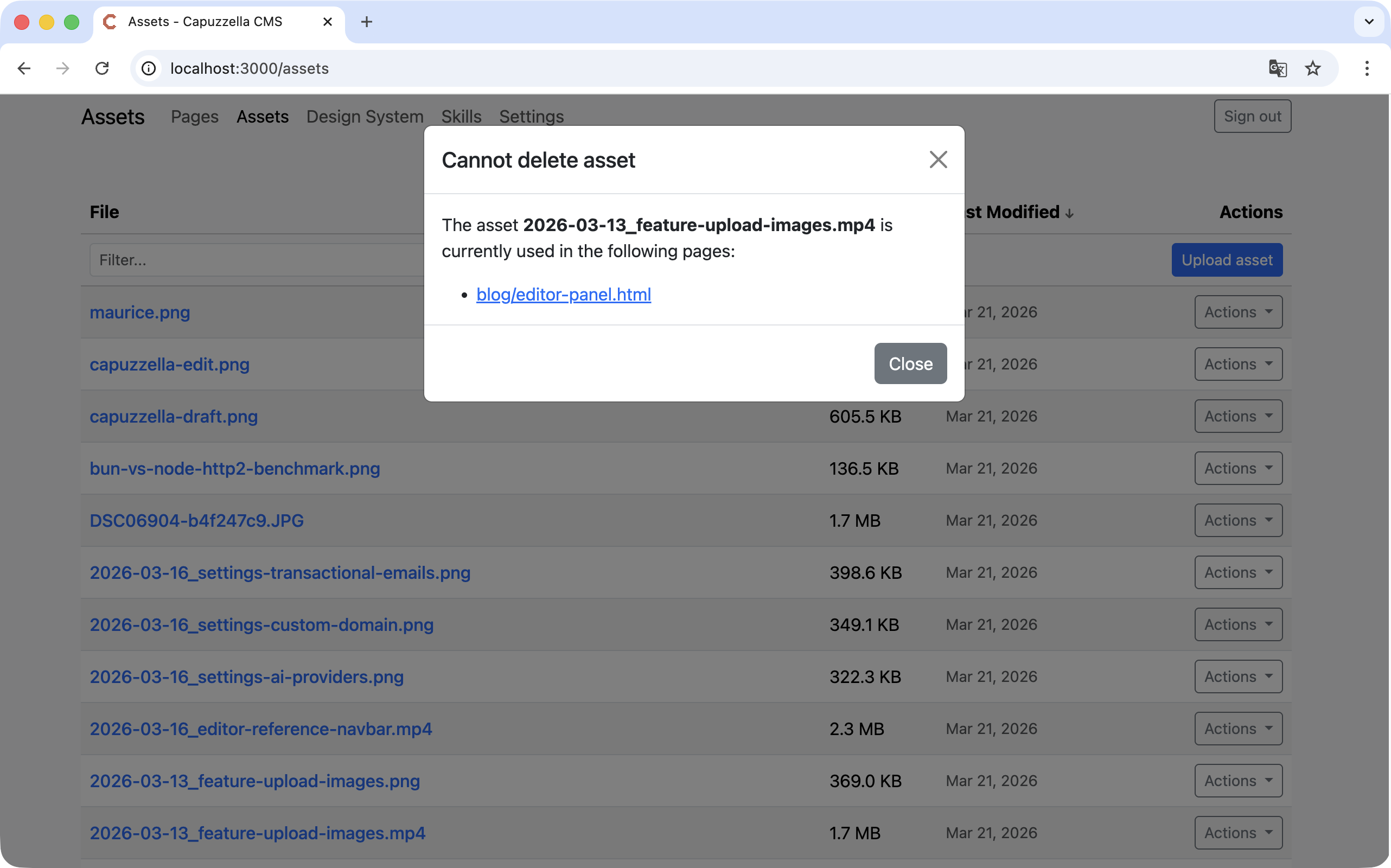 Asset deletion protection warning when file is used on published pages