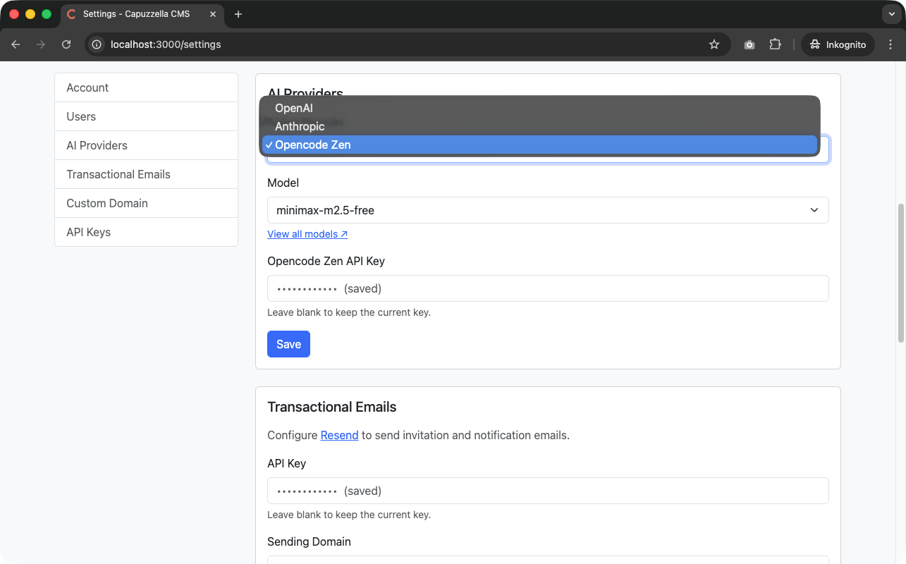 Opencode Zen AI Provider settings in Capuzzella