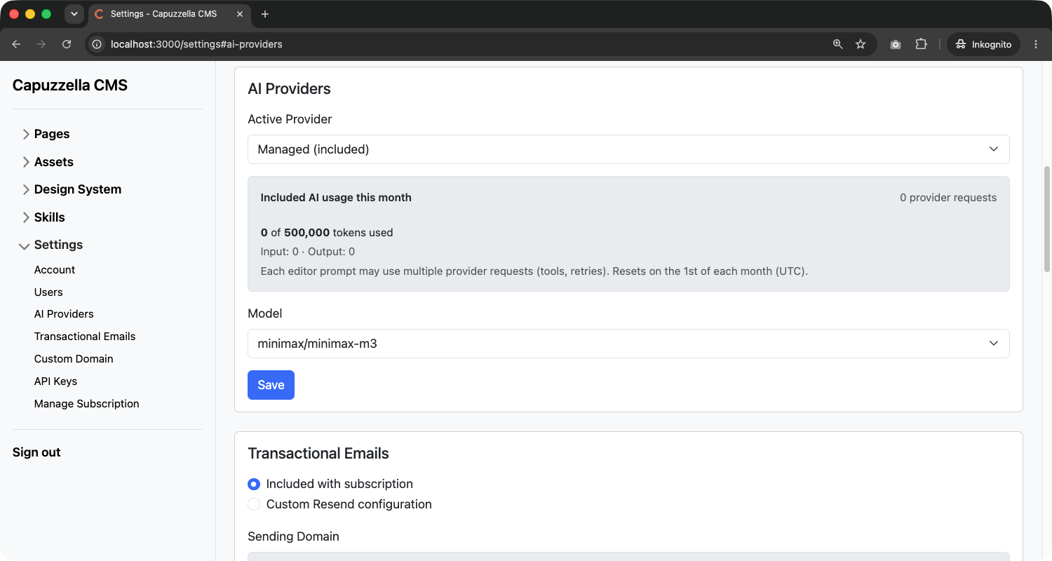 Managed AI Provider in Settings