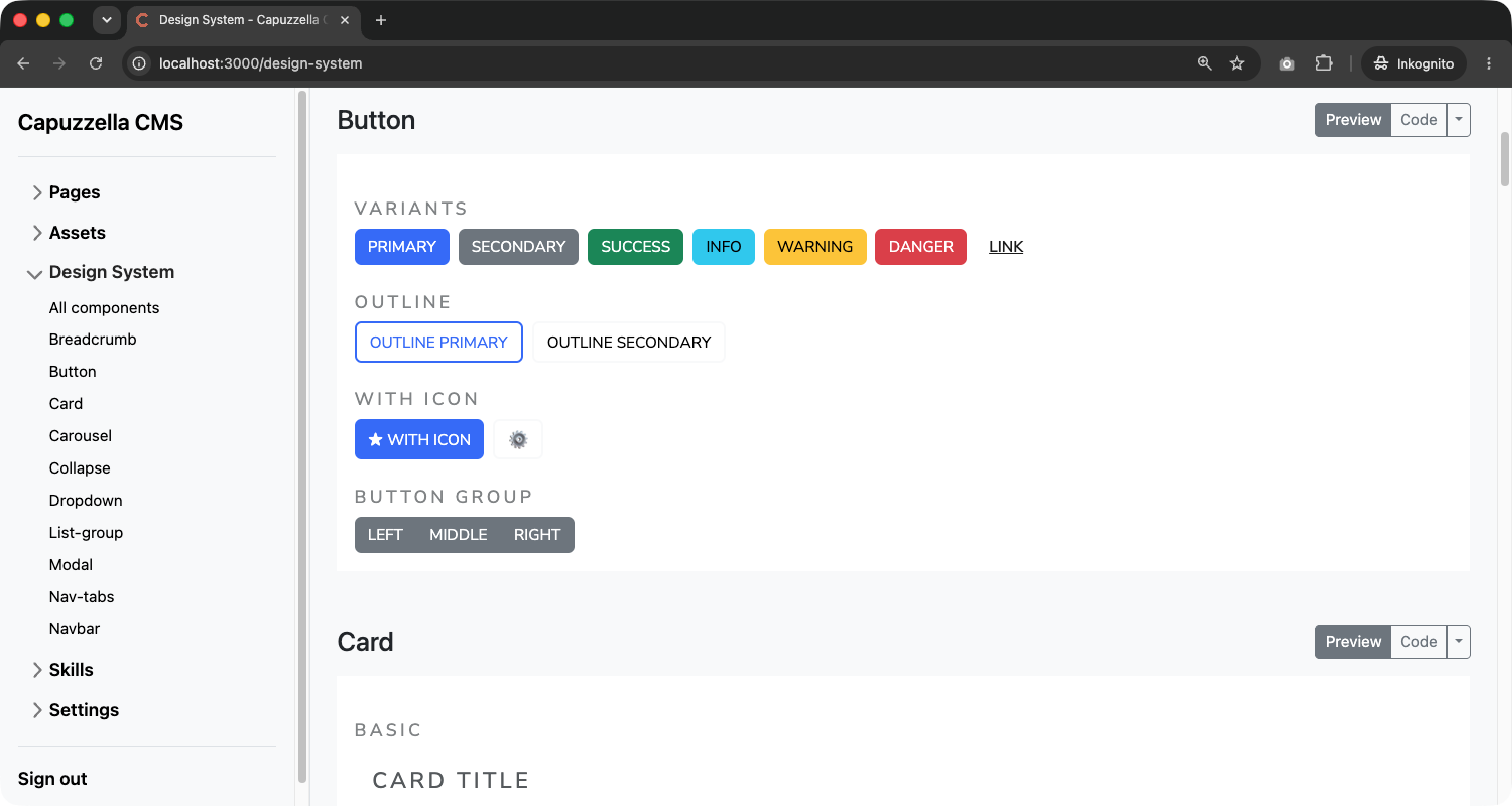 Design system page with sidebar navigation, Preview and Code toggles, and iframe previews of Button and Card components