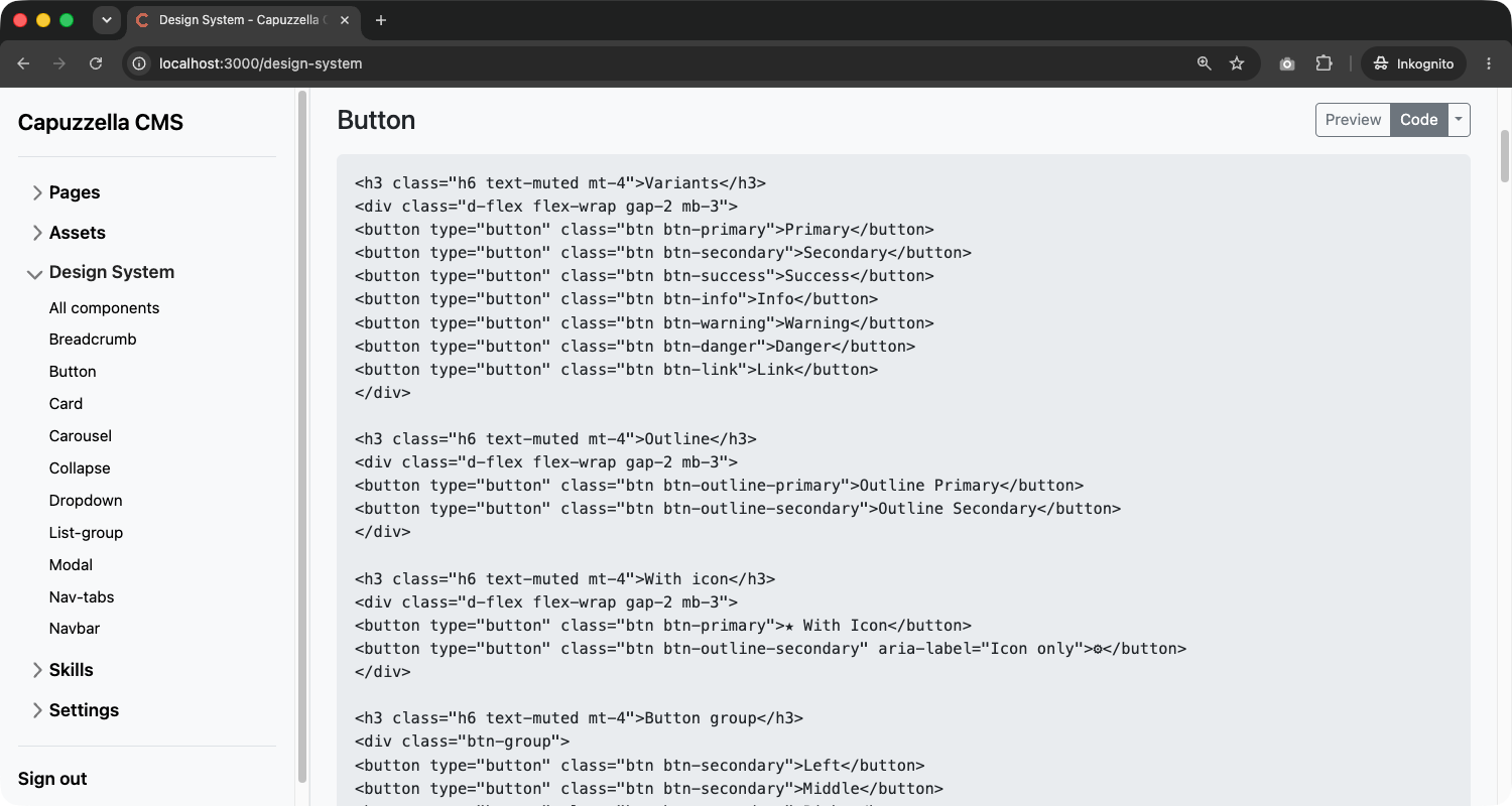 Design system Code view showing the raw HTML source for the Button component