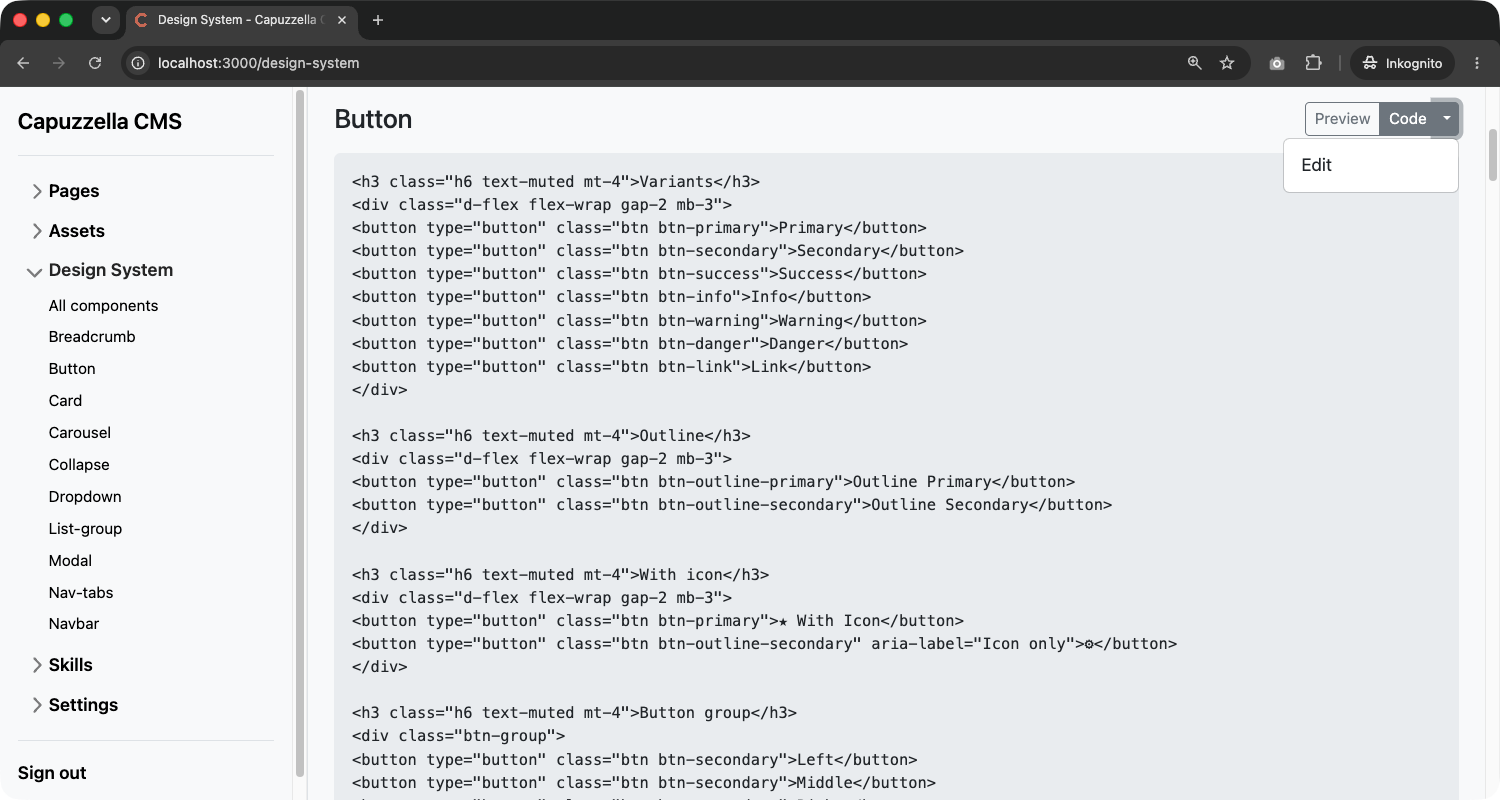 Code button split dropdown open with an Edit option for the Button component
