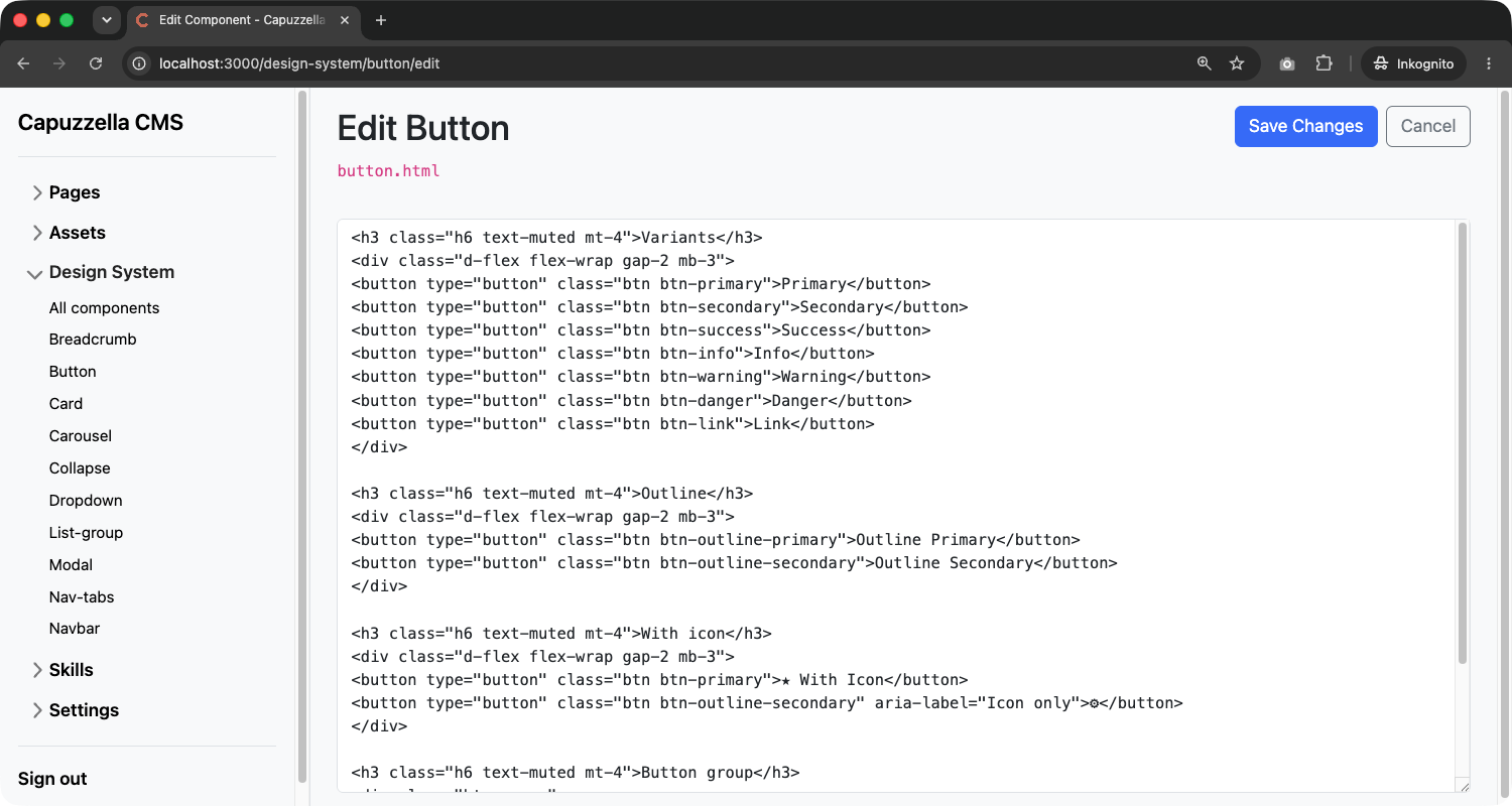 Component edit page with a textarea of button.html source and Save Changes and Cancel buttons
