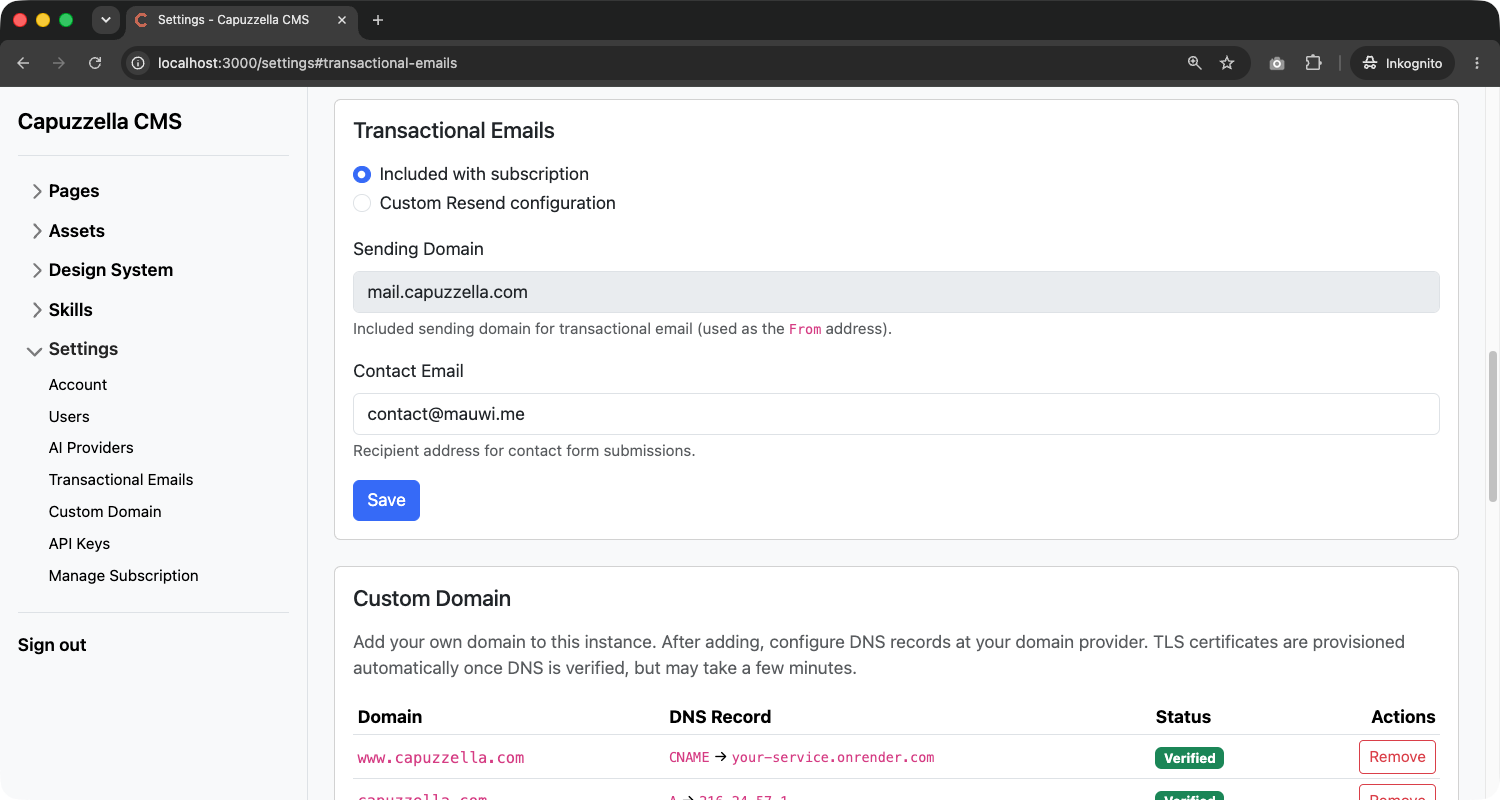 Included transactional email settings in Capuzzella