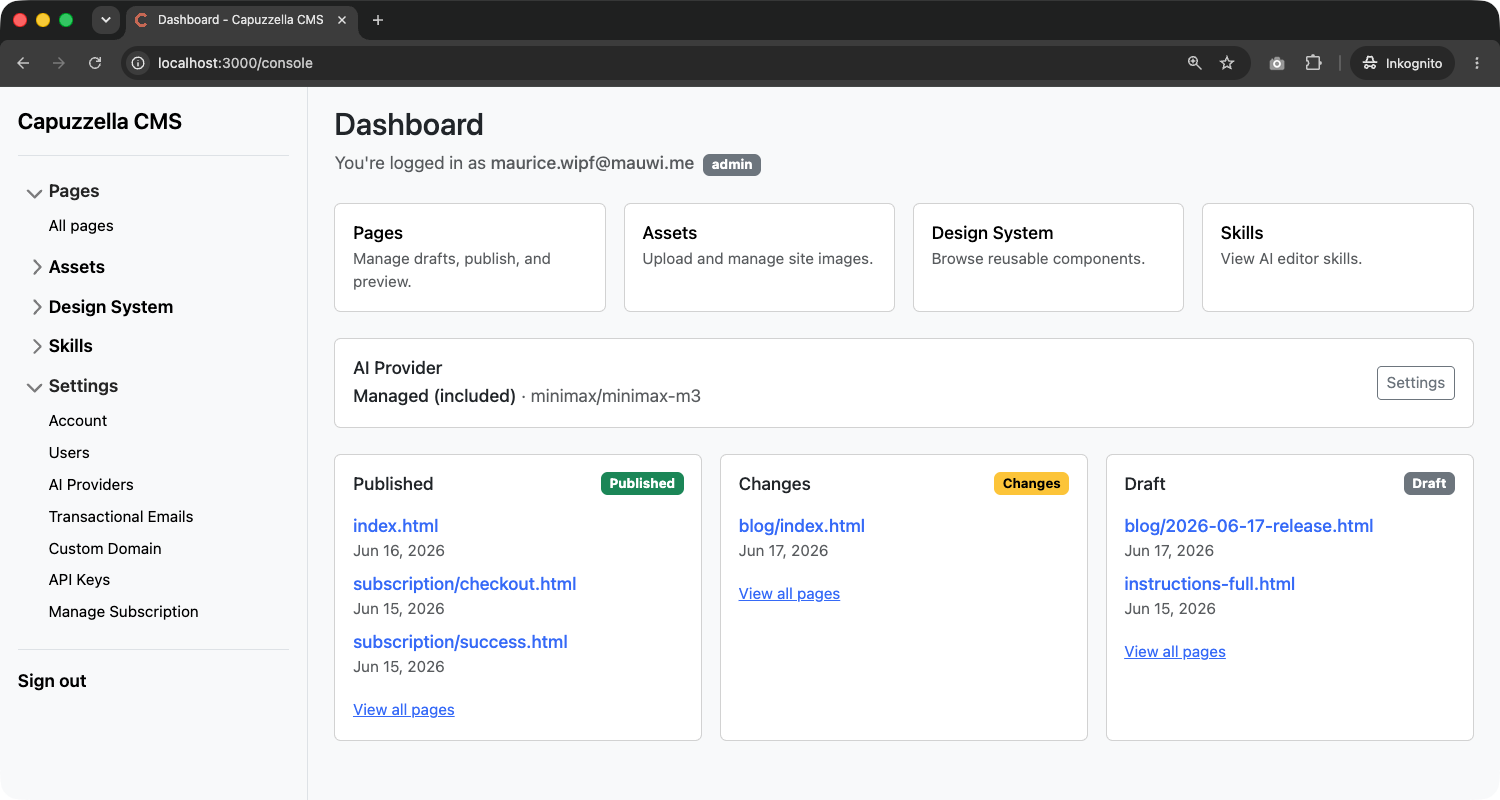 Capuzzella dashboard showing quick links, AI provider status, and page status columns