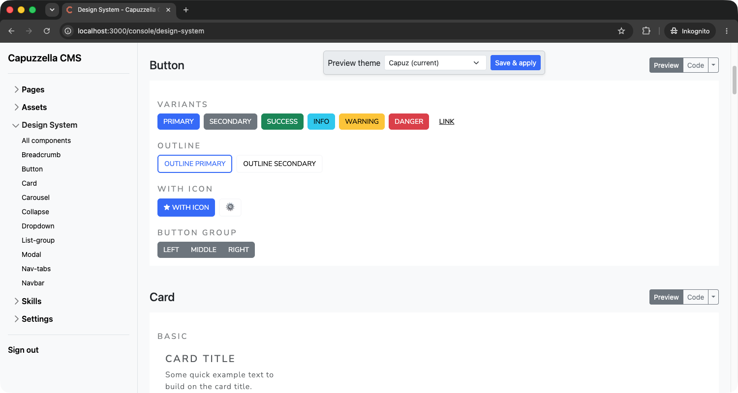 Design System preview with the Capuz theme applied to buttons and cards