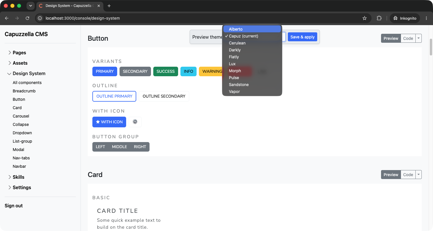Preview theme dropdown listing Alberto, Capuz, Cerulean, Darkly, Flatly, Lux, Morph, Pulse, Sandstone, and Vapor
