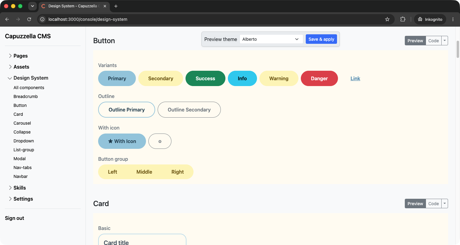 Design System preview with the Alberto theme showing pastel blue and yellow buttons
